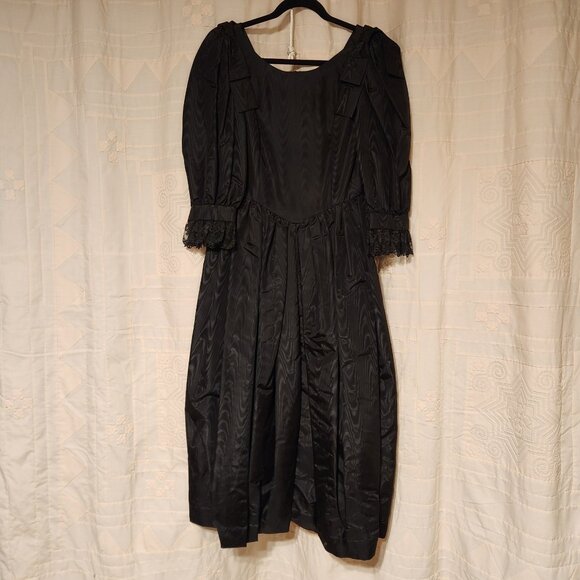 🖤 Vtg 80s Black Moire Taffeta Puff Sleeve Goth Prom Dress XS 🖤 - Picture 2 of 7